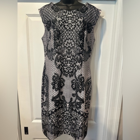 Elegant Black and White Baroque Print Sheath Dress - 39” Length, 20” Bust - Picture 1 of 6